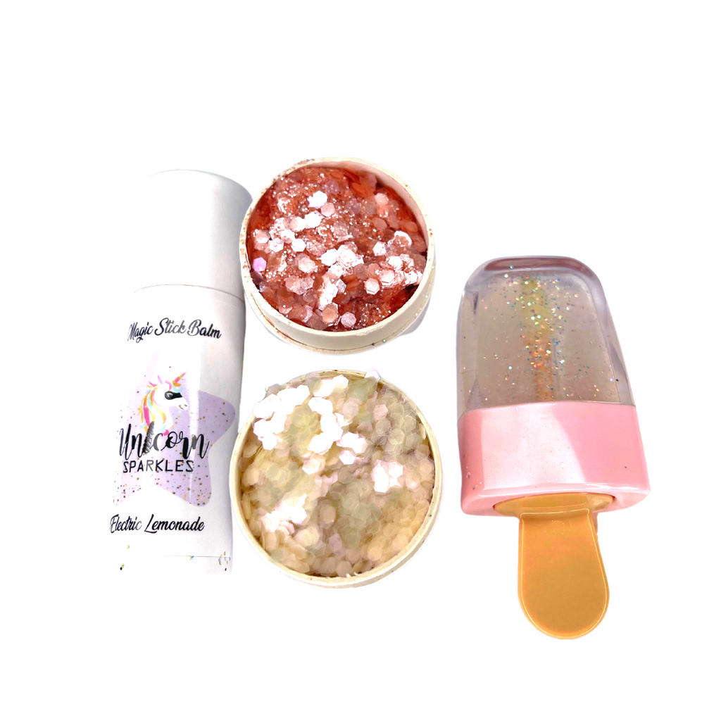Bioglitter named by our nine-year #girlboss and magic stick balm bundle for Unicorn Sparkles, ECO-friendly biodegradable glitter, toxin-free, cruelty-free, safe makeup. Gladstone, Tannum Sands, Calliope, Agnes Waters, 1770 and Biloela Queensland. Created by Cosmetic Chemist Leesa Barr